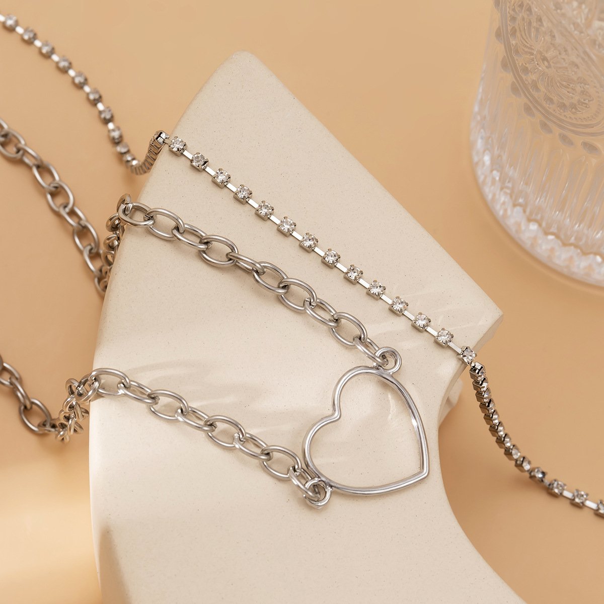 Jewelry simple claw chain rhinestone geometric necklace creative heart-shaped splicing chain double layer necklace female