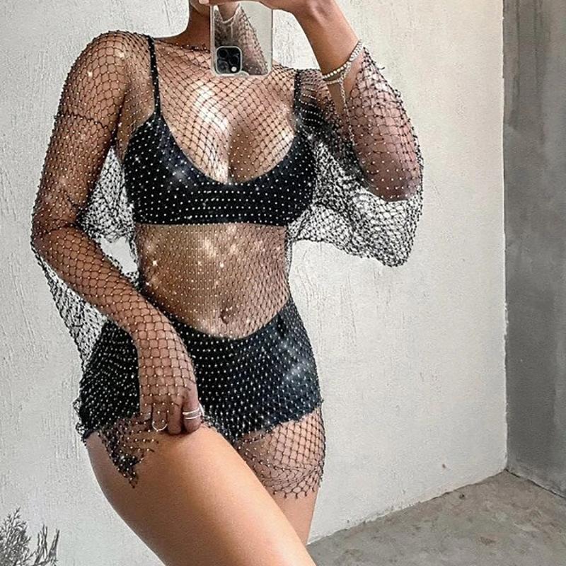 Jewelry Trend Sexy Ladies Street Shooting Bikini Clothes Bungee Fishnet Hollow Flashing Diamond Dress