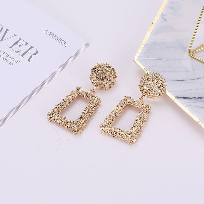 Exaggerated Atmospheric Matte Trendy Geometric Earrings Creative Personality Embossed Trapezoidal Long Metal Earrings
