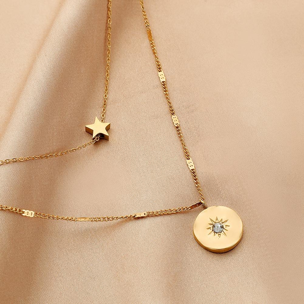 Fashionable Double Layer Stainless Steel Golden Pentagram Coin Sun Pendant Titanium Steel Clavicle Necklace For Women