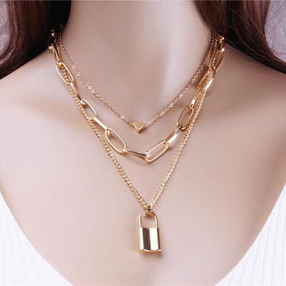 Jewelry Personality Punk Geometric Necklace Sweater Chain Female Simple Lock Shape Multilayer Peach Heart Necklace Female