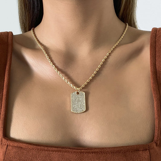 Jewelry Hip Hop Trendy People Inlaid Rhinestone Tag Necklace Retro Simple Metal Twist Chain Necklace