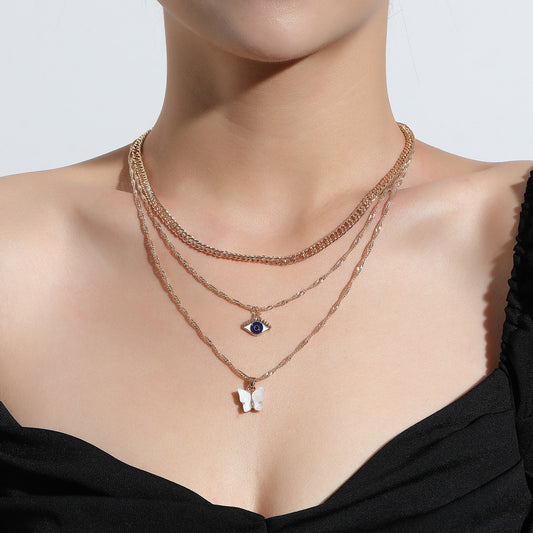 Jewelry Punk Exaggerated Butterfly Pendant Necklace Female Personality Alloy Eyes Multilayer Necklace