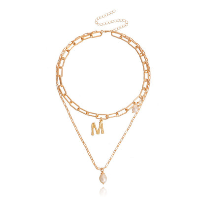 Jewelry punk double imitation pearl letter M pendant necklace female clavicle chain ins necklace