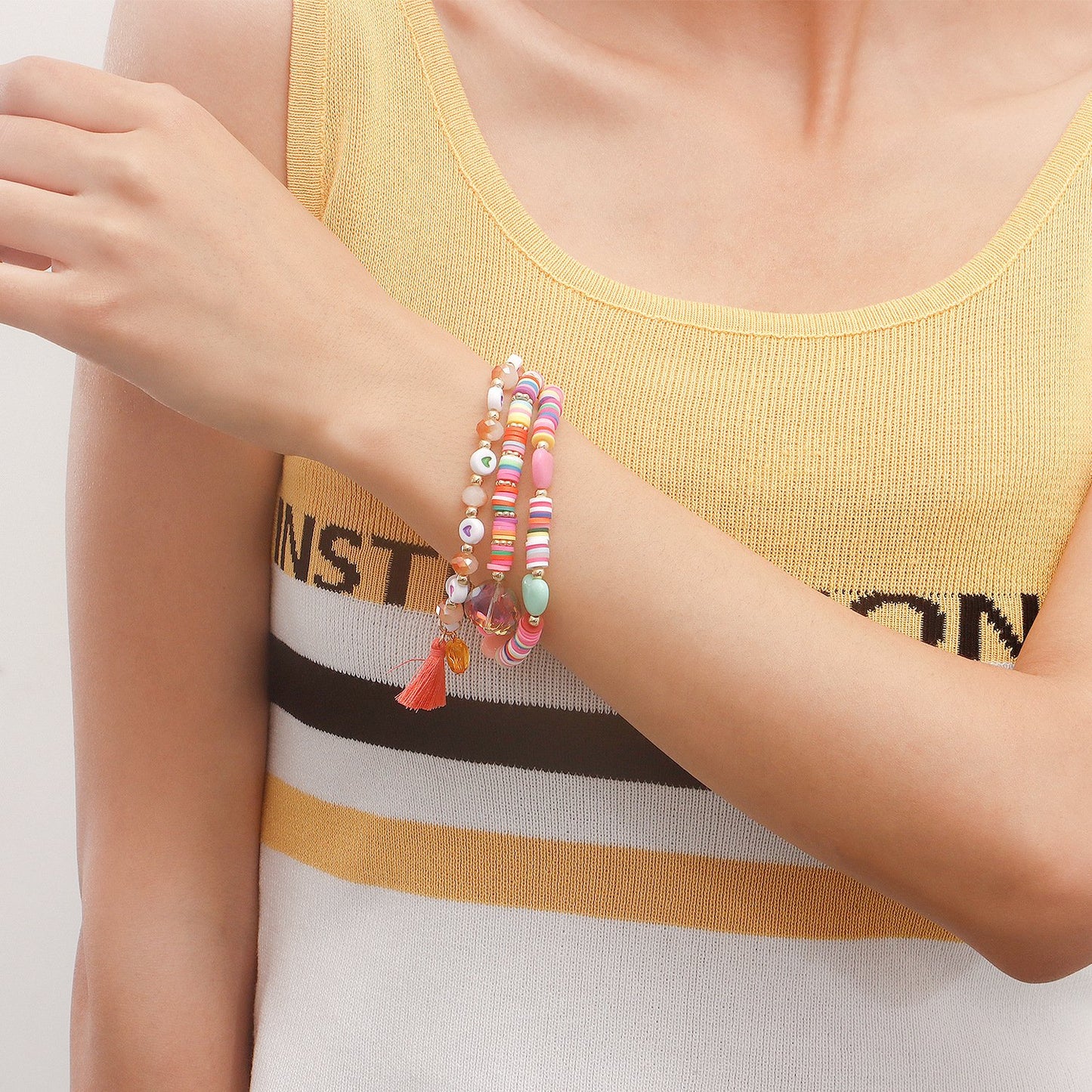 Jewelry Bohemian color soft pottery love tassel bracelet set female simple niche ins