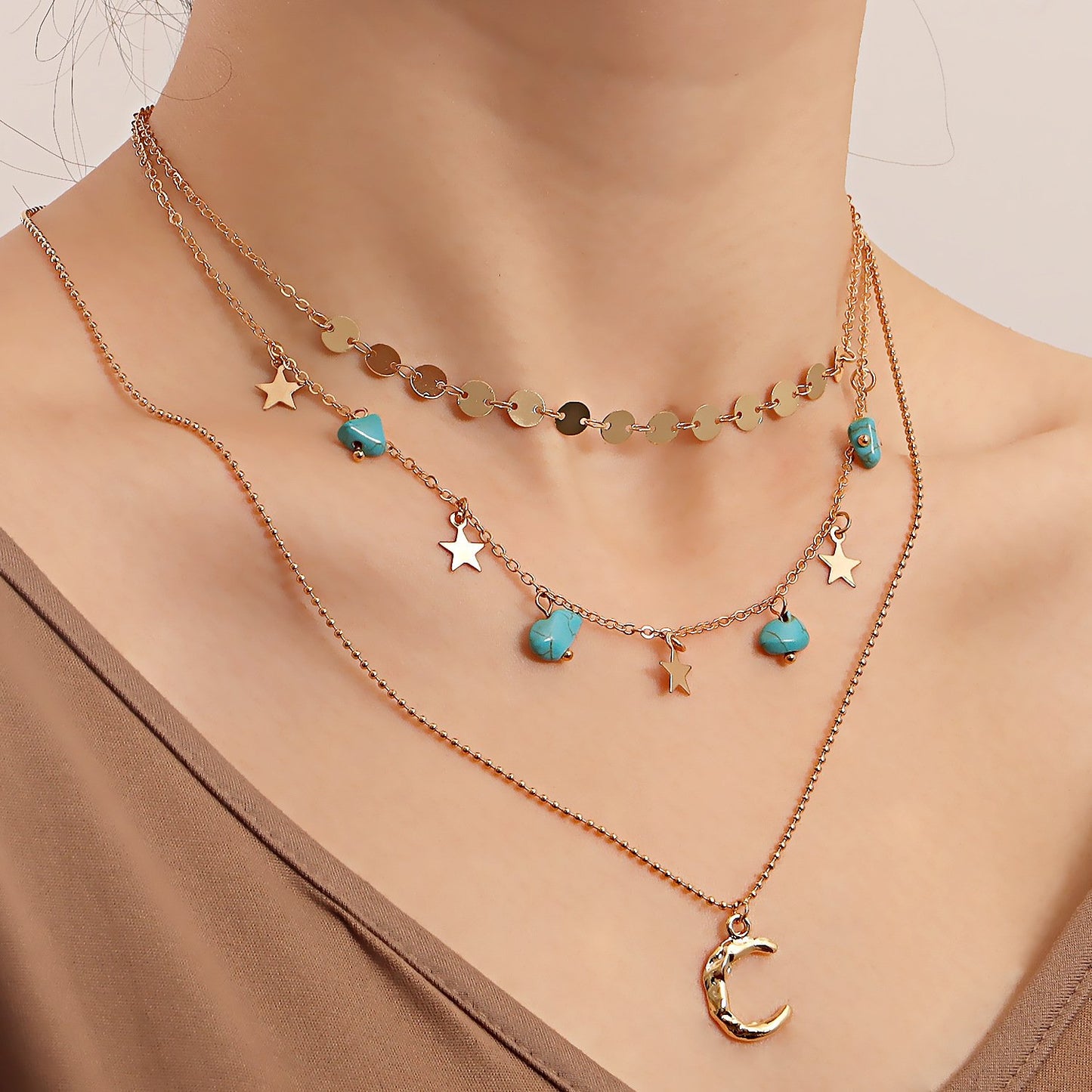 Jewelry trendy multi-layer natural turquoise crescent pendant necklace female ins hot girl necklace