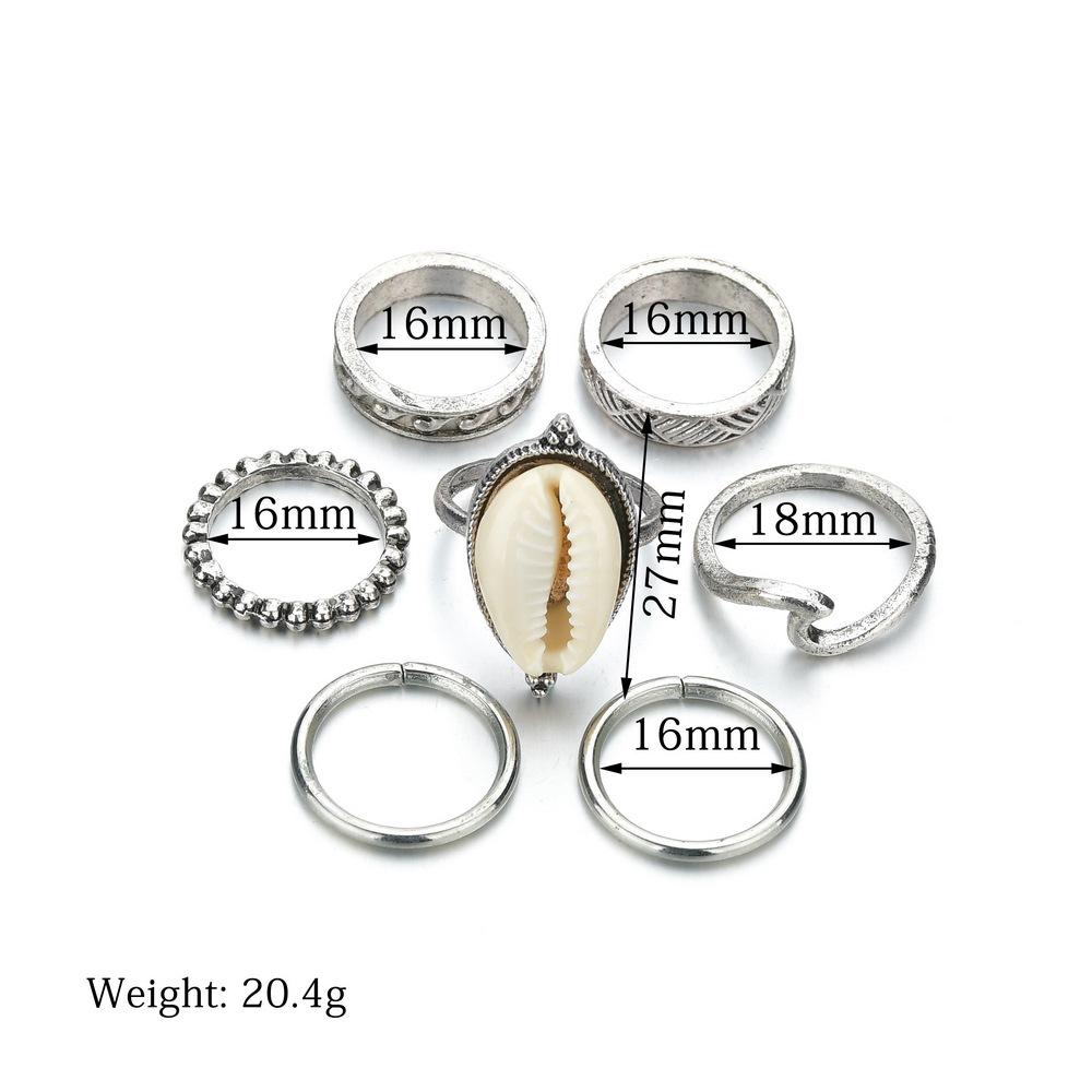 Retro Geometric Alloy Pattern Natural Shell Joint Ring Set 7 Pieces Combination Rings