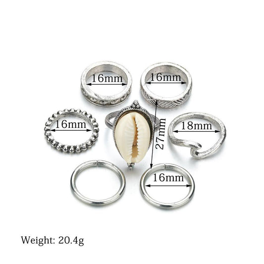 Retro Geometric Alloy Pattern Natural Shell Joint Ring Set 7 Pieces Combination Rings