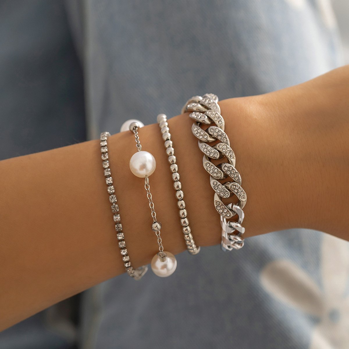 Jewelry Street Shot Imitation Pearl Round Bead Jewelry Punk Cuba Full Diamond Button Chain Bracelet Set