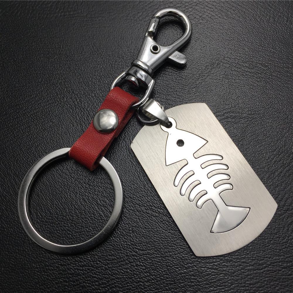 Double-layer fish bone fish rack titanium steel cowhide key chain stainless steel pendant men's waist hanging women's bag pendant