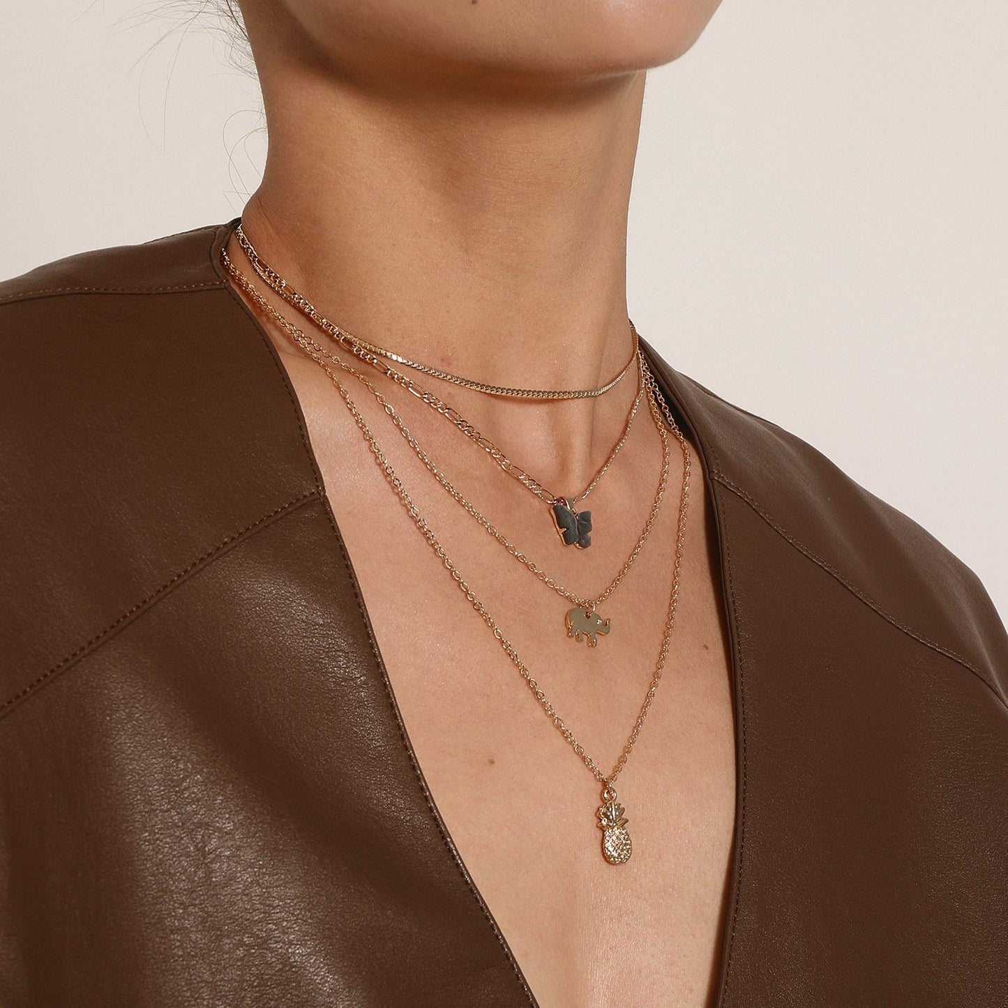 Jewelry Elephant Pineapple Black Butterfly Pendant Necklace Female Personality Multi-layer Temperament Simple Necklace