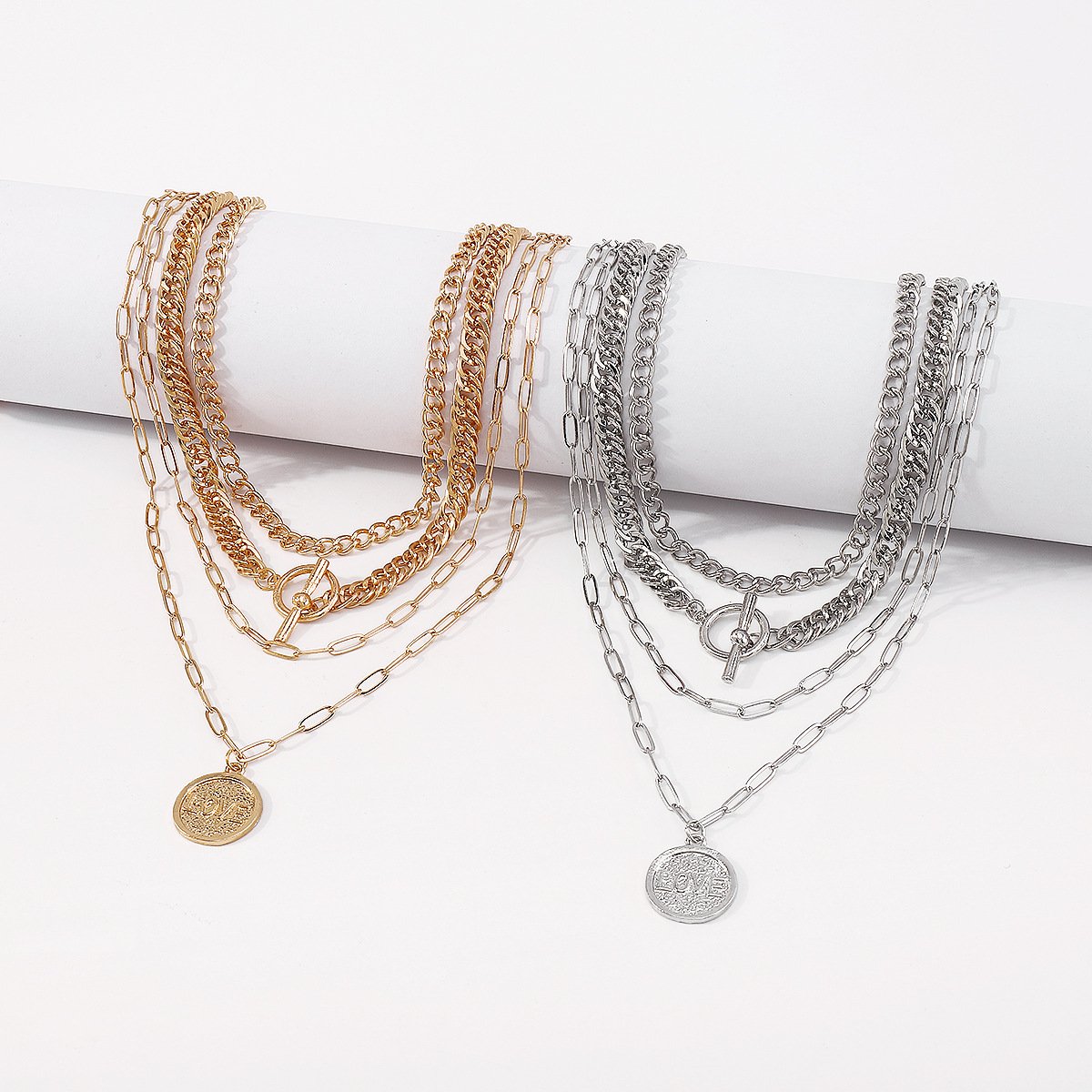 N1421 Jewelry Retro Exaggerated Multi-Layered Wearing Necklace LOVE Disc OT Buckle Chain Necklace