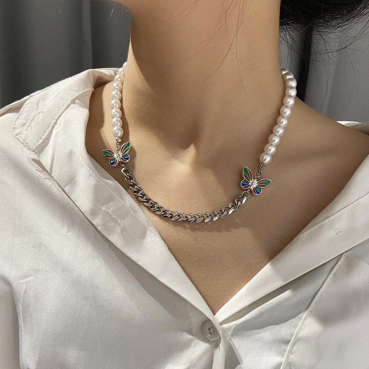 Jewelry Hip Hop Pearl Stainless Steel Chain Men's and Women's Necklace Simple Color Butterfly Clavicle Necklace
