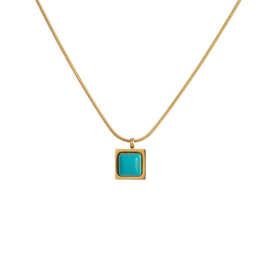 Turquoise Pendant Square Niche Design Natural Turquoise Necklace Titanium Steel Simple Country Natural Stone Clavicle Chain
