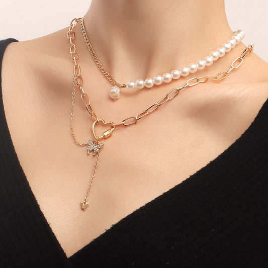 Pastoral Retro Geometric Love Butterfly Combination Necklace French Elegant Imitation Pearl Beaded Chain Necklace