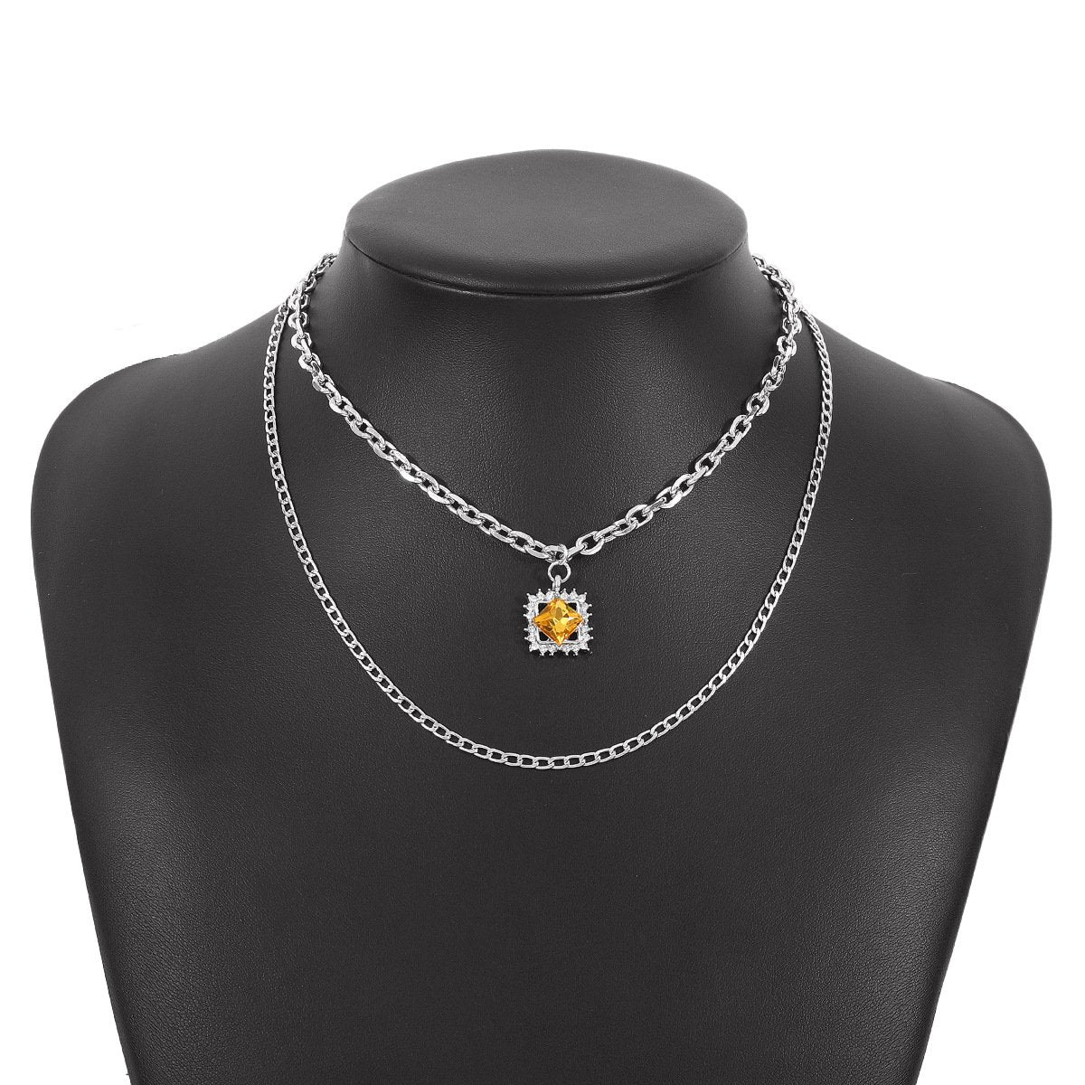 N129 Double Stacked Necklace Square Rhinestone Exaggerated Chain Necklace French Light Luxury Simple Necklace