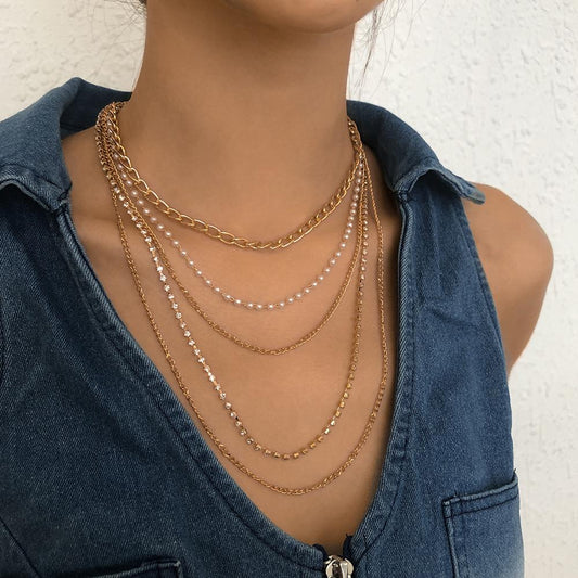 N8852 Jewelry Imitation Pearl Claw Chain Geometric Simple Necklace Retro Stacked Metal Necklace
