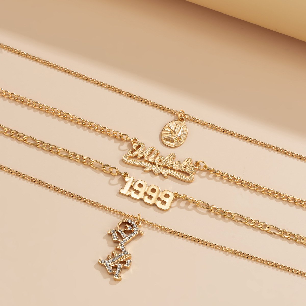 Metal Round Number Pendant Necklace Hip Hop Retro Diamond-studded Alphabet Clavicle Chain Necklace