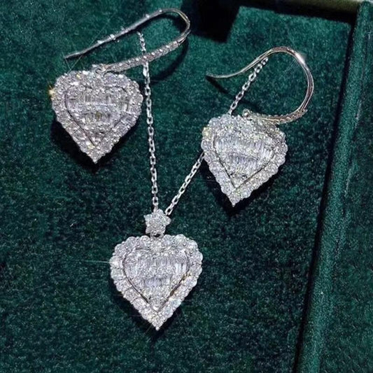 Fashion Women Heart Shape Diamond Pendant Earrings Necklace Head Jewelry Set Jewelry