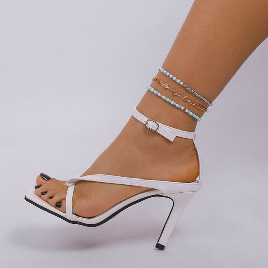 A176 Bohemian ethnic holiday leisure rice bead anklet simple micro-inlaid rhinestone retro instep chain