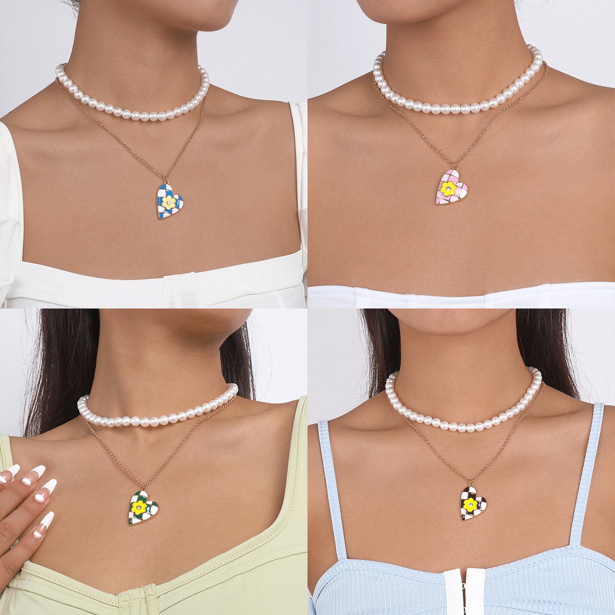 N1436 Personalized pearl stacked double-layer necklace dripping oil love flower slightly inlaid sweet girl necklace