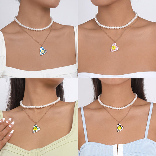 N1436 Personalized pearl stacked double-layer necklace dripping oil love flower slightly inlaid sweet girl necklace