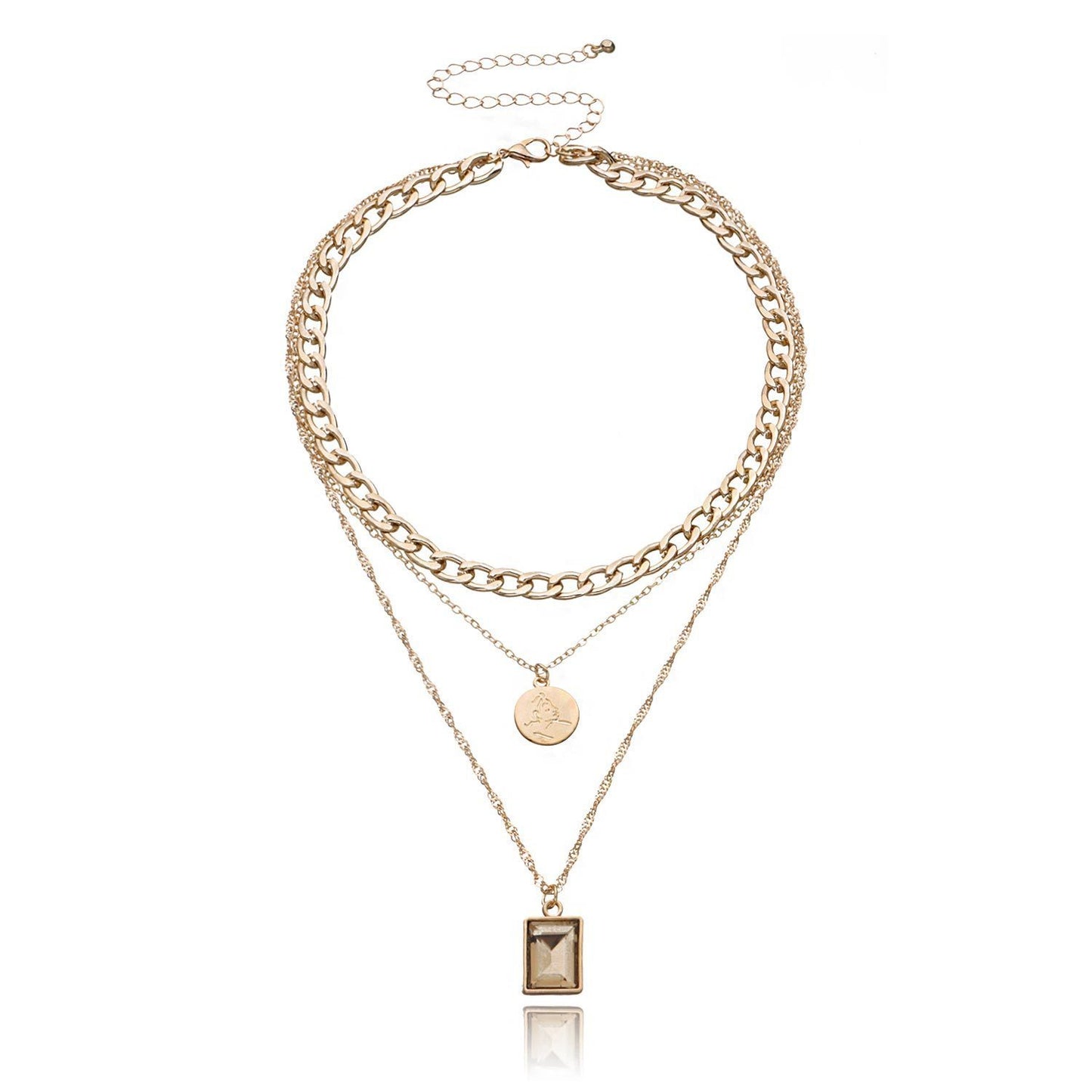 Jewelry Fashion Geometric Square Glass Pendant Necklace Female Exaggerated Aluminum Chain Disc Multilayer Necklace