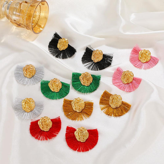 Ins fan-shaped tassel earrings female Bohemian ethnic exaggerated rose geometric earrings temperament