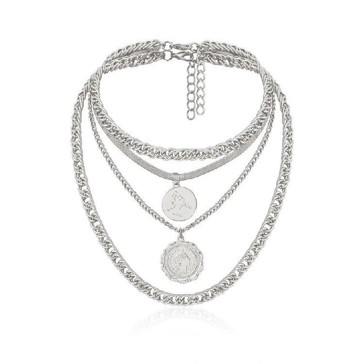 Jewelry round card lace tag multi-layer necklace personality exaggerated hip-hop thick chain necklace necklace
