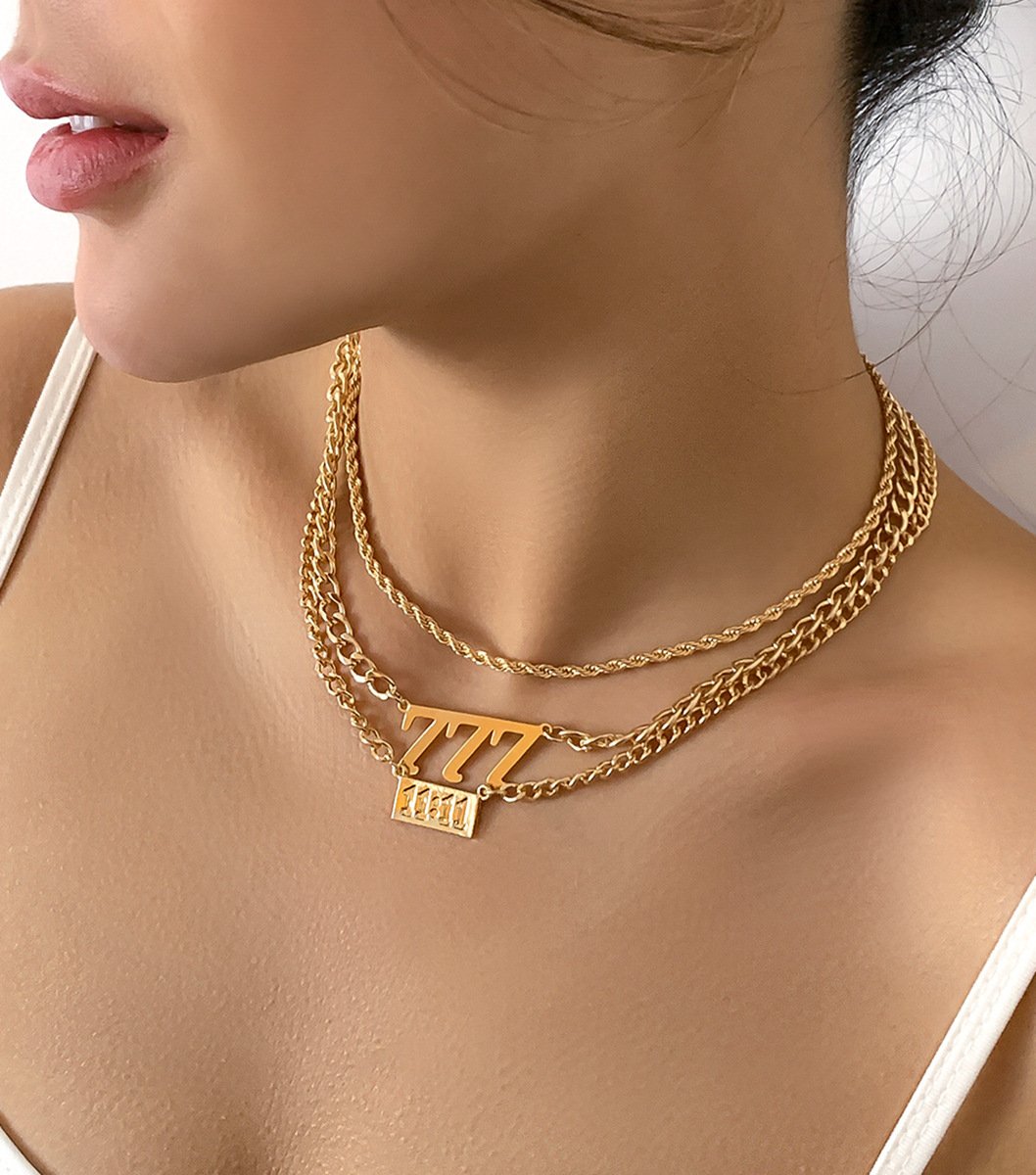 Jewelry Street Shot Geometric Hollow Chain Necklace Retro Twist Chain Digital Pendant Necklace Set