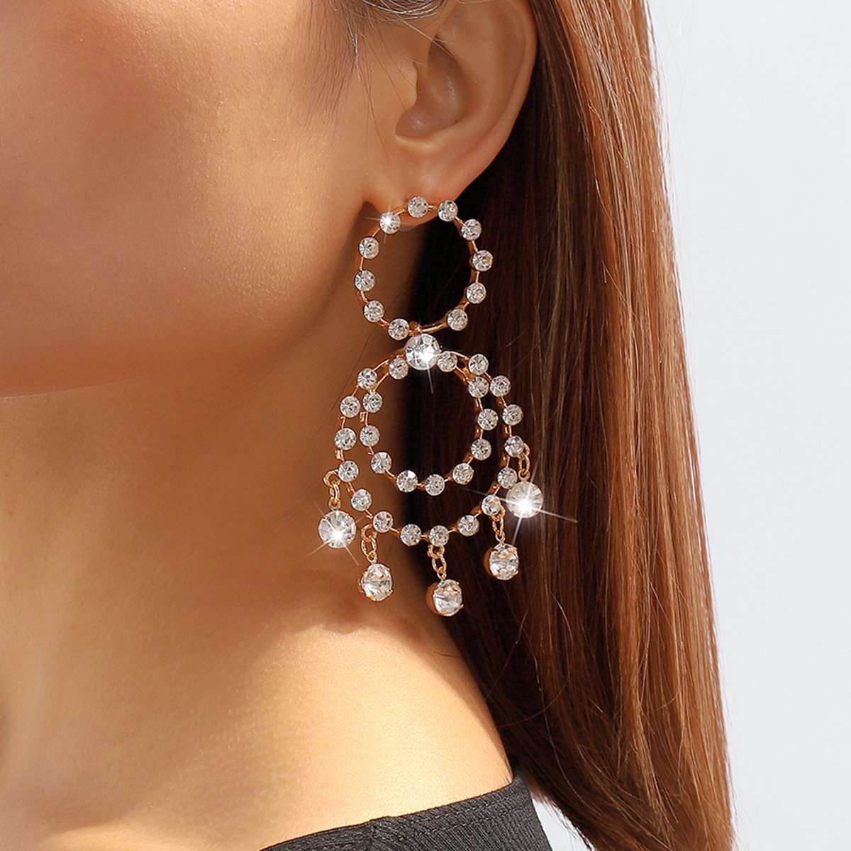 E11228 Exaggerated Multilayer Circle Earrings ZA Rhinestone Tassel Geometric Earrings Creative Retro Earrings