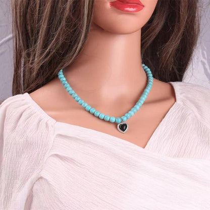 Summer Jewelry Black Agate Heart Pendant Clavicle Bohemian Turquoise Color Preserving Necklace