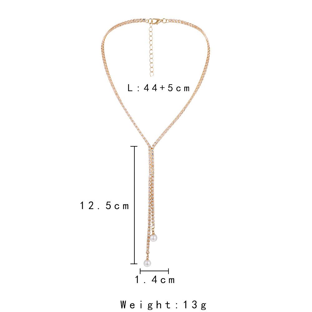 Fashion simple tassel full diamond pearl necklace light luxury super flash niche design irregular clavicle chain