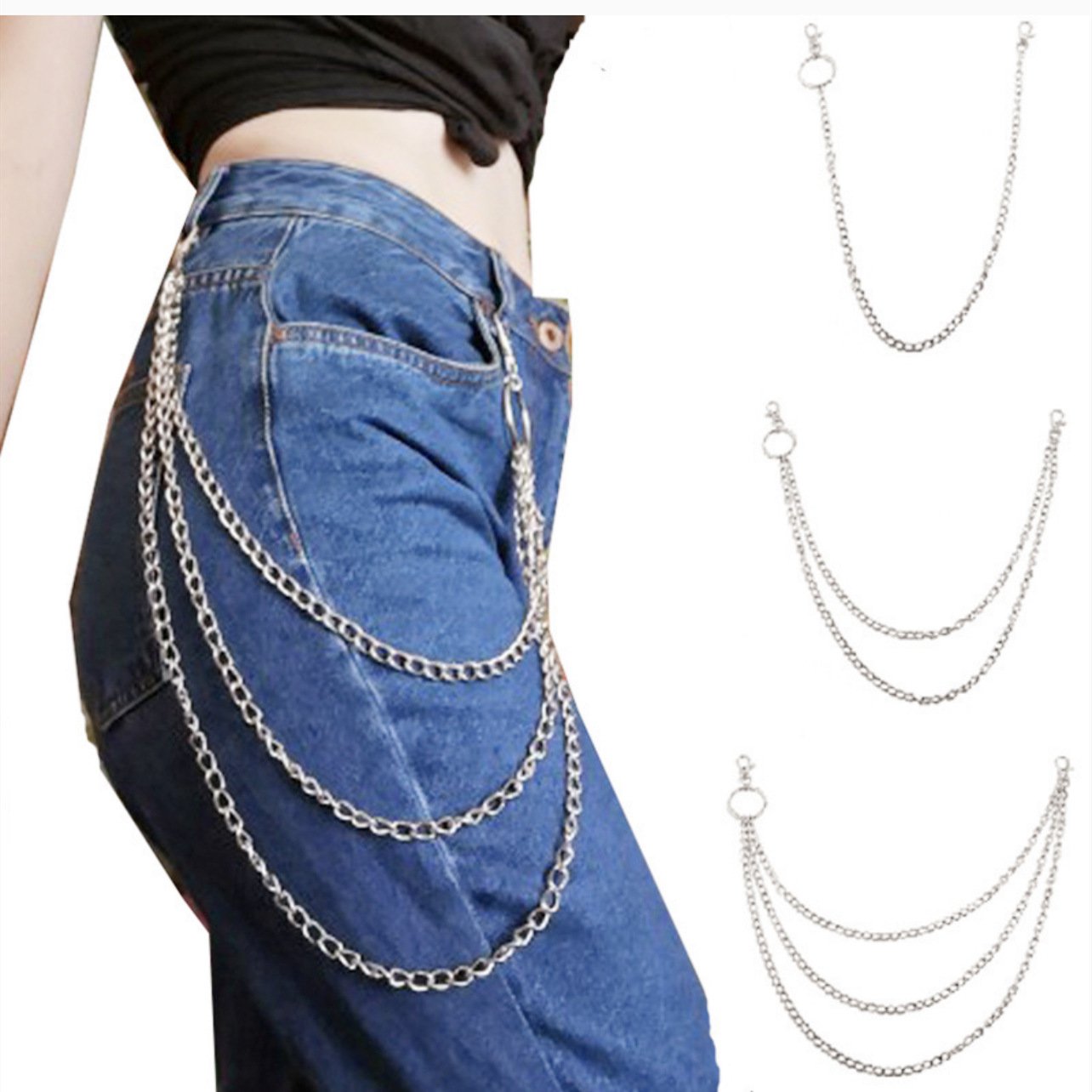 5pcs Chain Belt Jeans Pants Chain Pocket Waist Chain Multilayer Hip Hop Metal Wallet Chain Men and Women Models