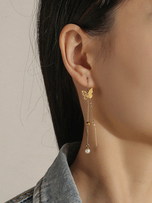 Stainless steel gold-plated color-preserving hollowed-out butterfly pearl ear wire elegant tassel ladies titanium steel gold bead earrings