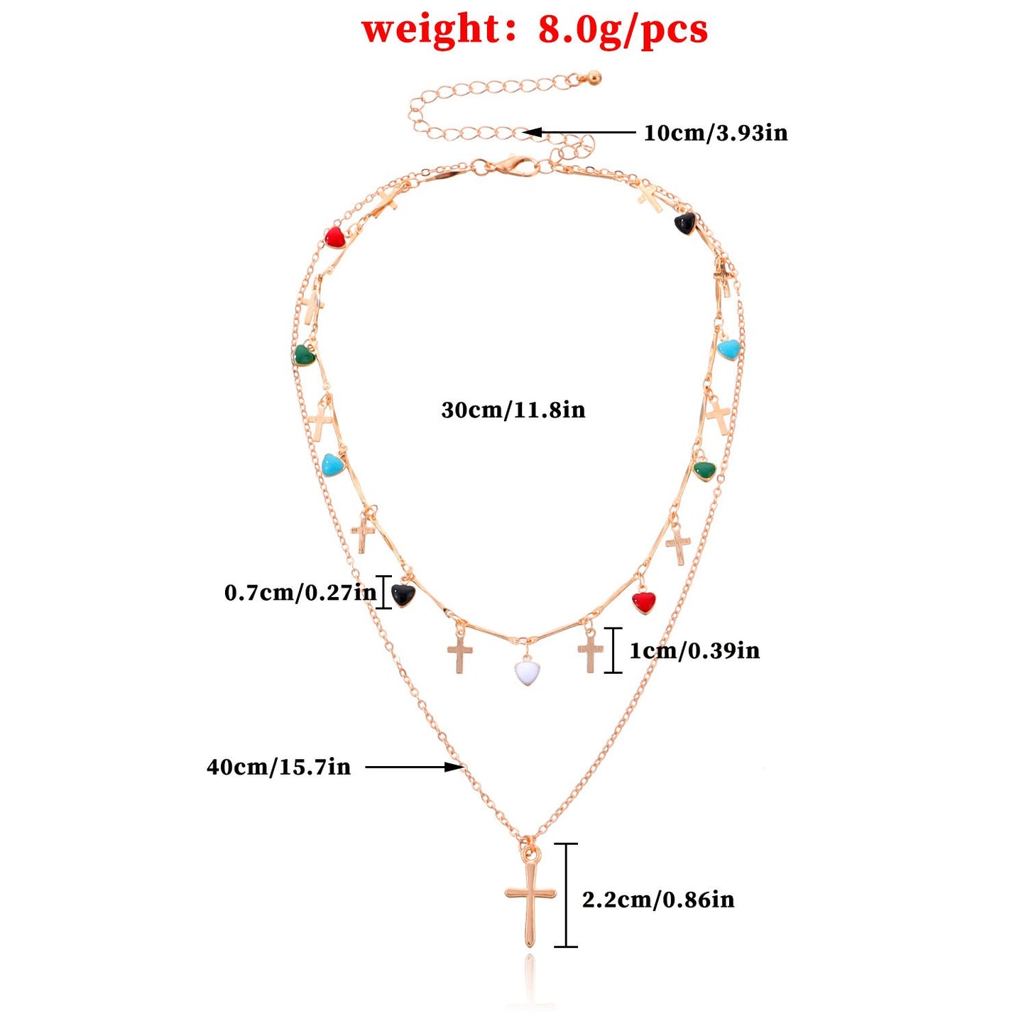 Jewelry Fashion Simple Cross Pendant Female Drop Glaze Heart Colorful Gemstone Tassel Necklace