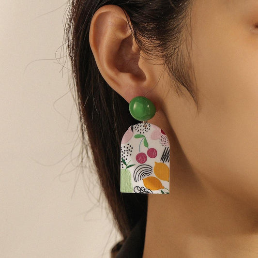 Ins small fresh and sweet oil painting grid earrings cute sweet acrylic earrings fashion color matching jewelry