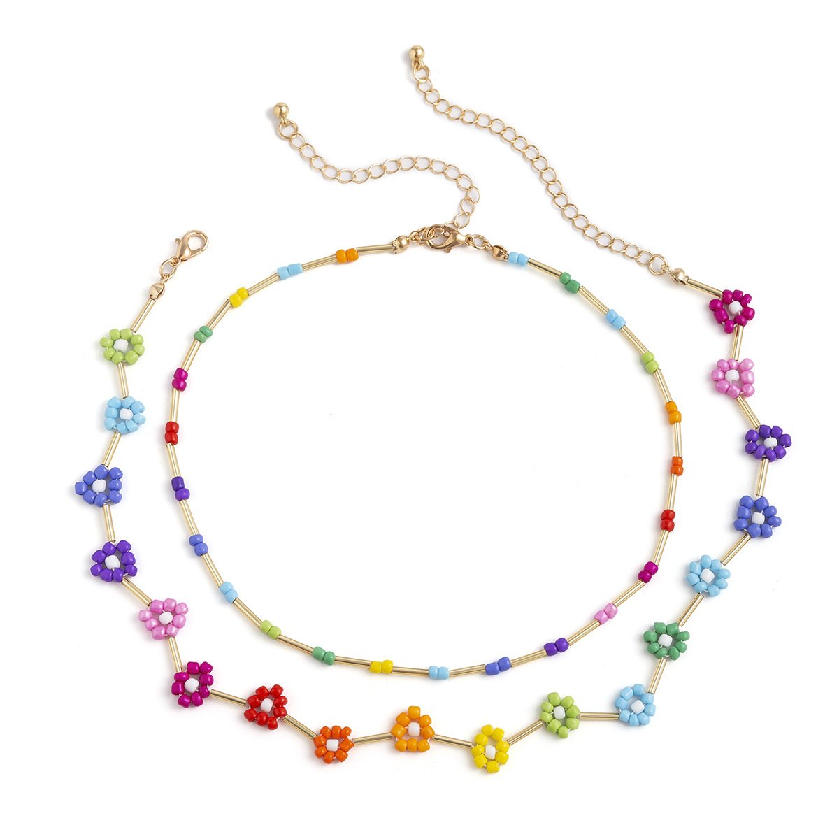 Jewelry Simple Color Clavicle Beaded Necklace Summer Daisy Woven Rice Beads Double Layer Necklace