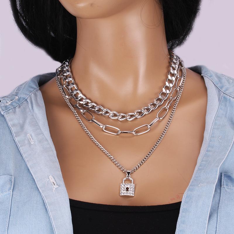 Temperamental metal layered exaggerated retro jewelry trendy temperament personality hip-hop metal lock necklace with diamonds