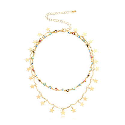Jewelry Handmade Fashion Devil's Eye Necklace Female Simple Double-layer Pentagonal Star Pendant Necklace