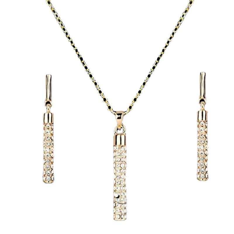 Fashion Ladies Rhinestone Full Diamond Cylinder Necklace Earrings Set Jewelry