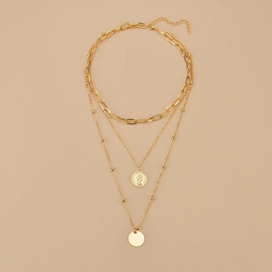Fashion Round Alloy Queen Head Necklace Simple Multi-Layer Clavicle Chain Necklace Accessories
