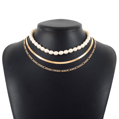 N1267 French elegant light luxury stacked necklace female snake bone chain pearl multi-layer simple show necklace