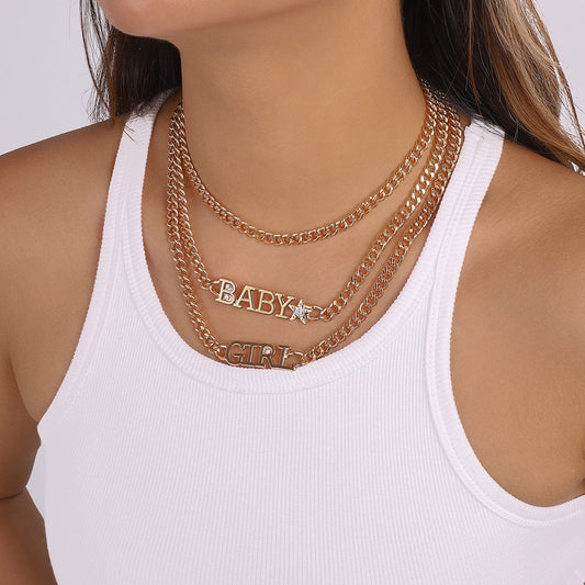 N1319 exaggerated necklace babygirl sweet cool stacked letter necklace punk hip-hop necklace