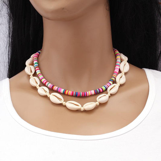 Jewelry Personality Soft Pottery Necklace Shell Combination Handset Chain Ethnic Color Rice Bead Necklace