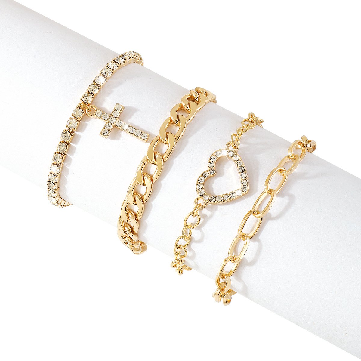 B1958 Jewelry Personality Stacked Cross Love Bracelet Creative Rhinestone Cuban Chain Bracelet Female