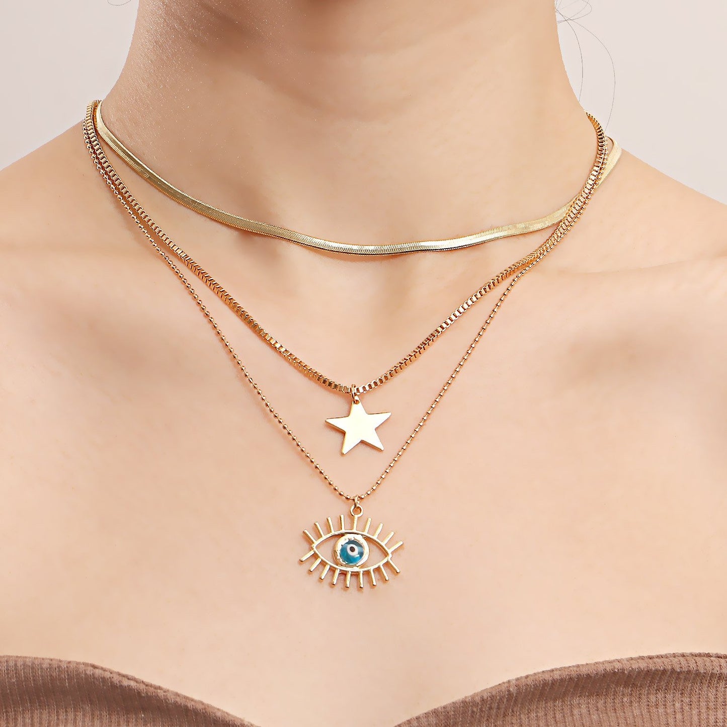 Jewelry cool multi-layer flat snake chain geometric pentagonal blue star devil's eye pendant necklace female