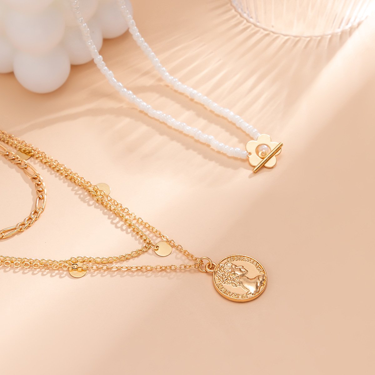 Jewelry Hip Hop Multilayer Metal Figure Pendant Necklace Vintage Sequins Imitation Pearl Clavicle Necklace