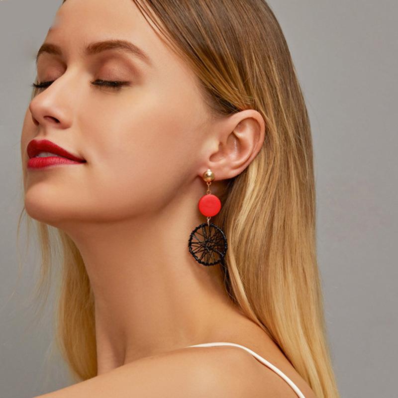 Creative net red same style wooden earrings femininity long geometric hollow woven earrings earrings