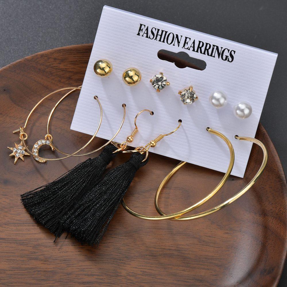 Pop Rhinestone Star Moon Asymmetrical Earring Set Vintage Tassel Earrings